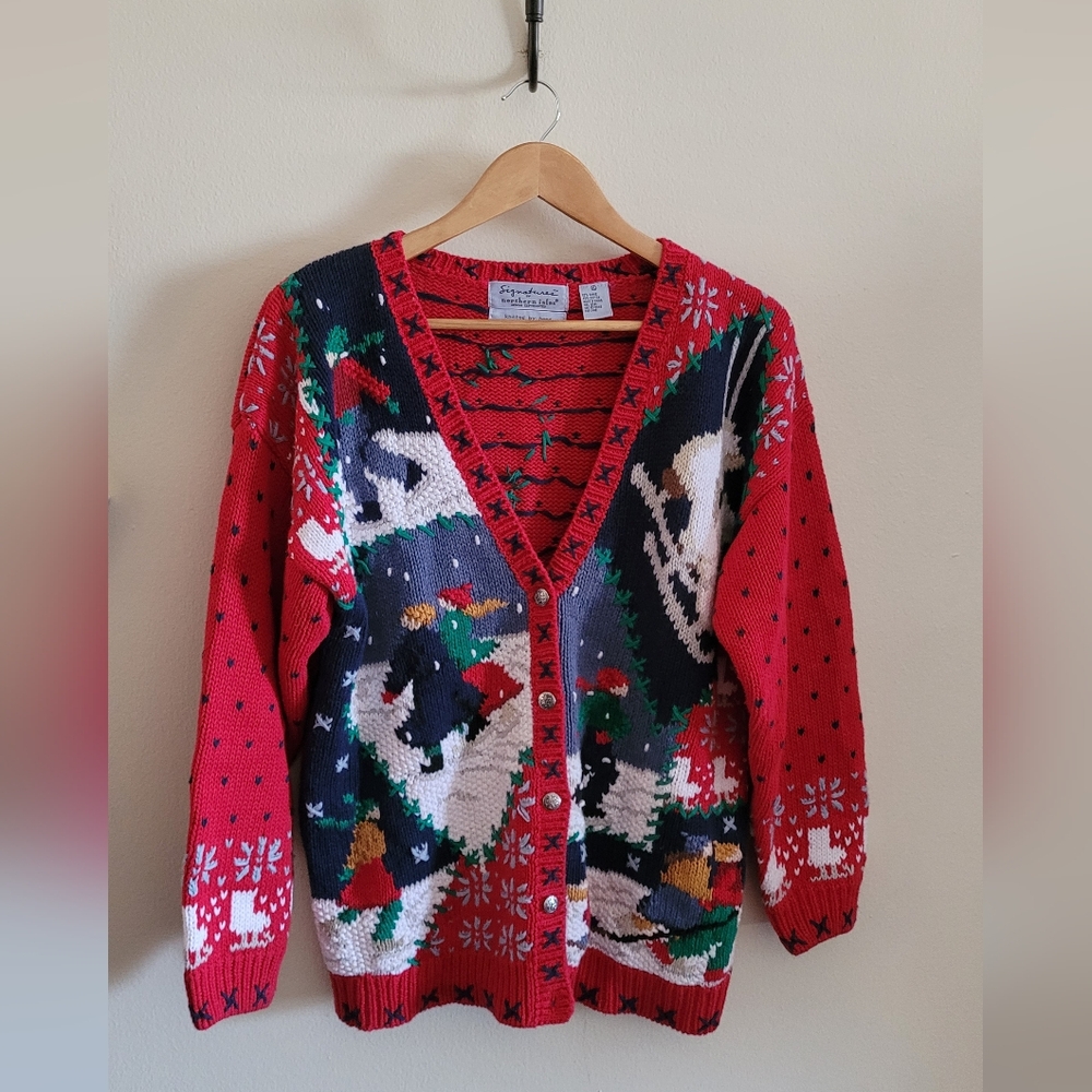 Northern Isles Ice Skaters Heavy Knit Winter Cardigan Sweater, Women's XL, Red
